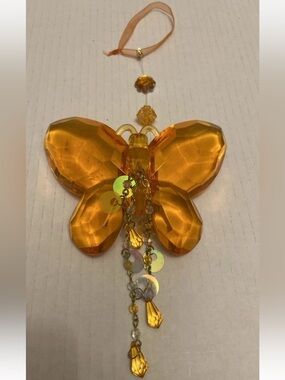 Amber Faceted Orange Glass Reflective Hanging Decorative Butterfly Sun Catcher.